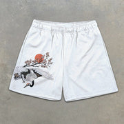 Sakura and Crane Graphic Print Elastic Shorts