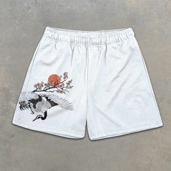 Sakura and Crane Graphic Print Elastic Shorts