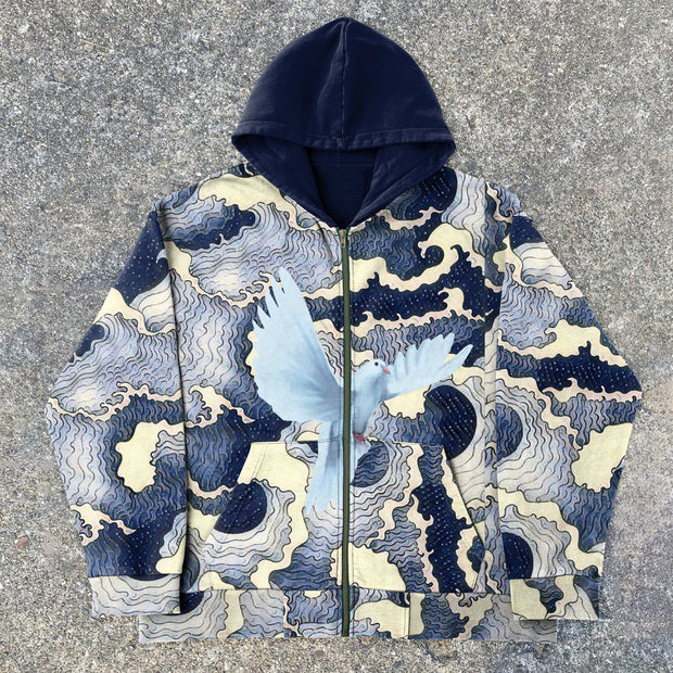 Trendy Dove Print Fashion Contrast Zip Hoodies