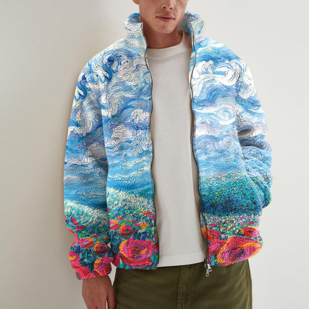 Retro style casual oil painting print plush long-sleeved jacket