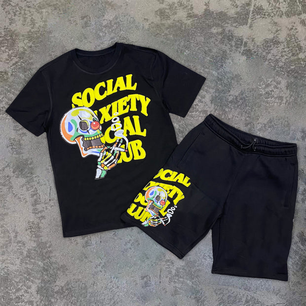 Fashion preppy skull print crew neck short sleeve suit