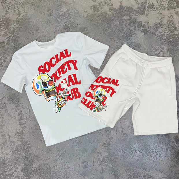 Fashion preppy skull print crew neck short sleeve suit