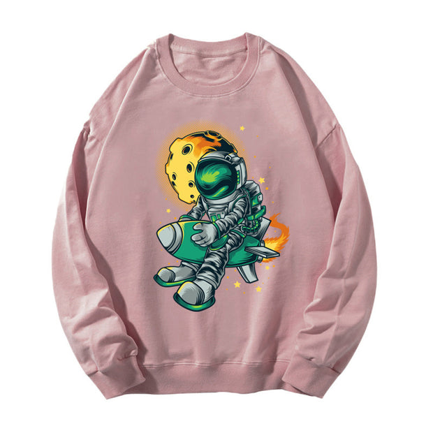 Astronaut print couple style capless round neck loose Korean style thin long-sleeved sweatshirt