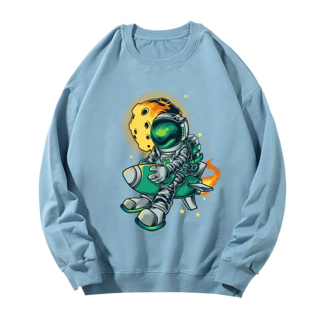 Astronaut print couple style capless round neck loose Korean style thin long-sleeved sweatshirt