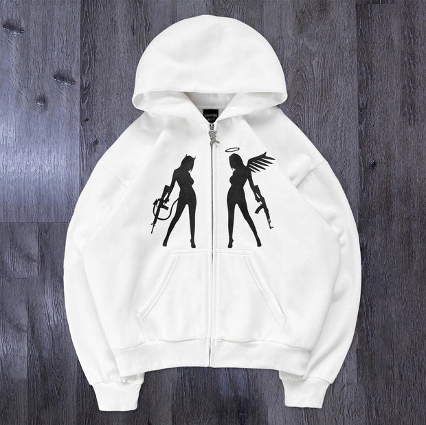 Street style loose angel demon print cardigan hoodie