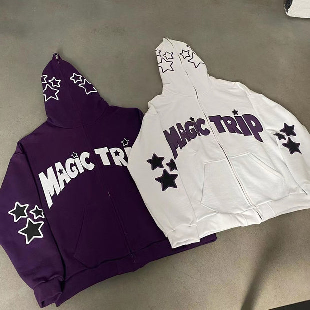 Casual Magic Trip Print Full-Zip Hoodie