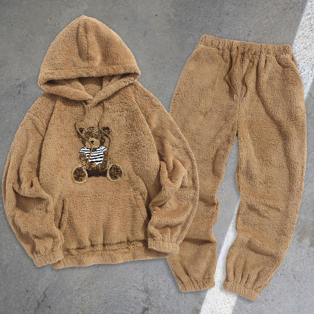 Bear Pullover Hooded Sweatshirt Plush Belted Tracksuit