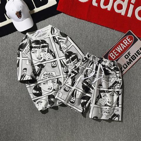 Cartoon Street Hip Hop Harajuku Style Casual Suit Comic Short Sleeve Shorts
