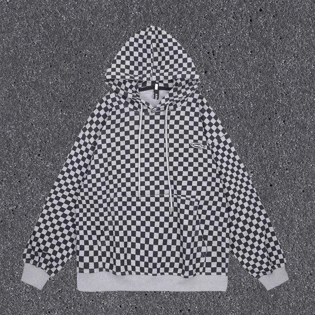 Checkerboard lattice vintage retro trend loose hooded sweater