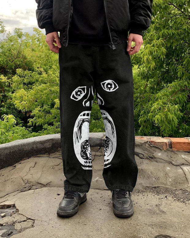 Personalized print loose street black jeans