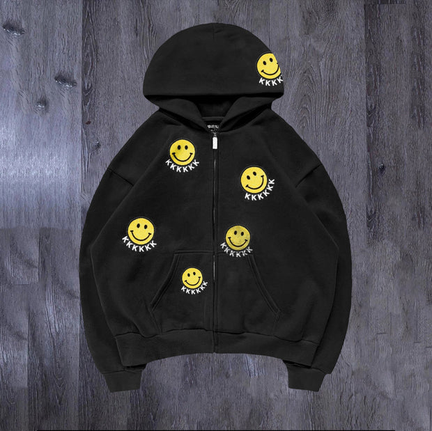 Casual style loose smiley print cardigan hoodie