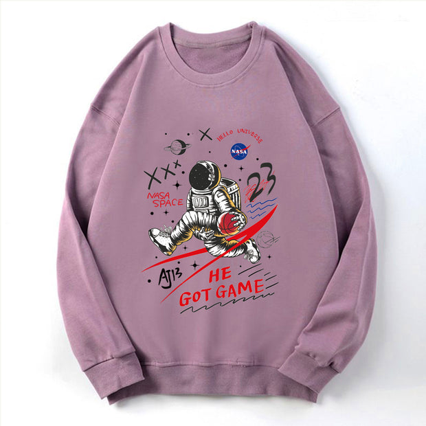 Casual astronaut print crew neck long sleeve sweatshirt