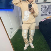Fashion personality street style skull hooded sweatshirt printed two-piece set
