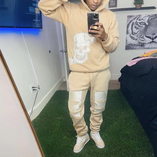 Fashion personality street style skull hooded sweatshirt printed two-piece set