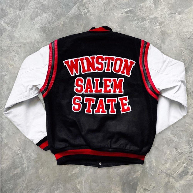 Retro college style printed baseball jacket