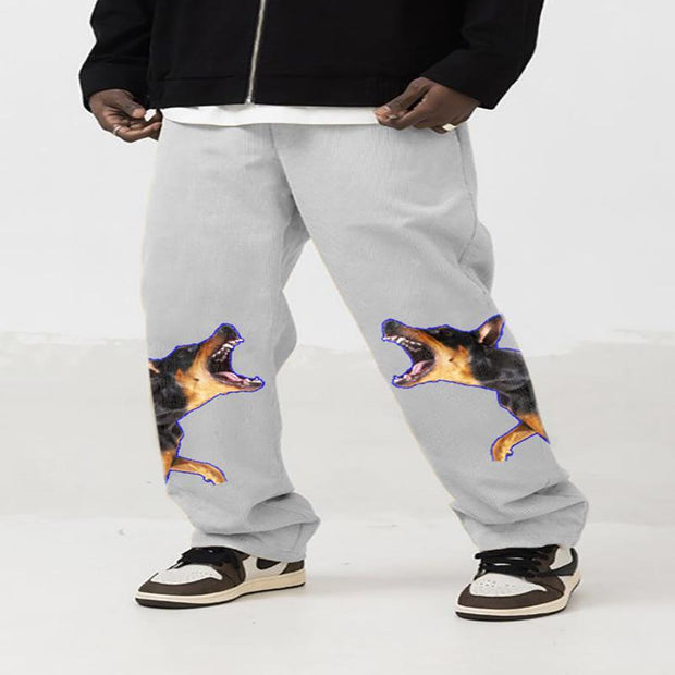 Animal print corduroy print straight-leg loose-fitting trousers