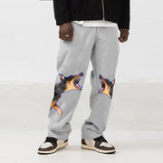 Animal print corduroy print straight-leg loose-fitting trousers