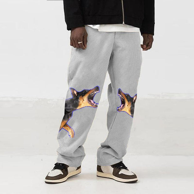 Animal print corduroy print straight-leg loose-fitting trousers