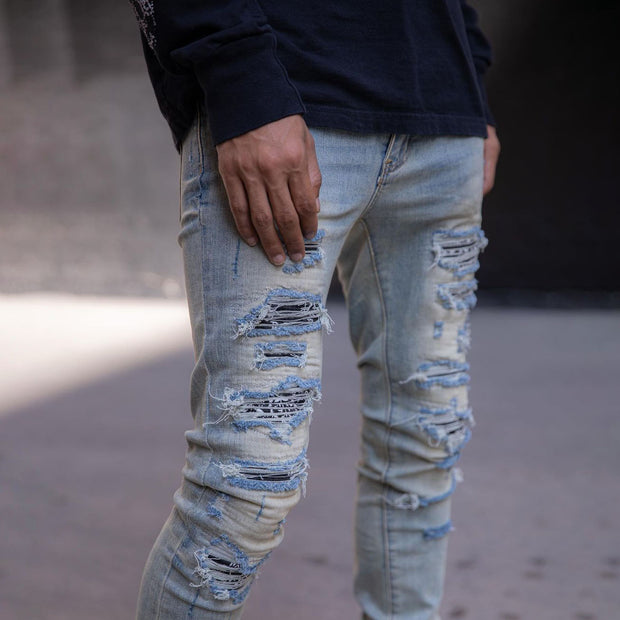 Hip hop street distressed washed ripped loose jeans