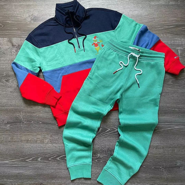 Fashion casual stitching personality pattern high-neck long-sleeved trousers suit