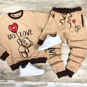 Casual bear print round neck sweater and pants suit