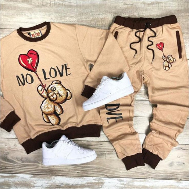 Casual bear print round neck sweater and pants suit
