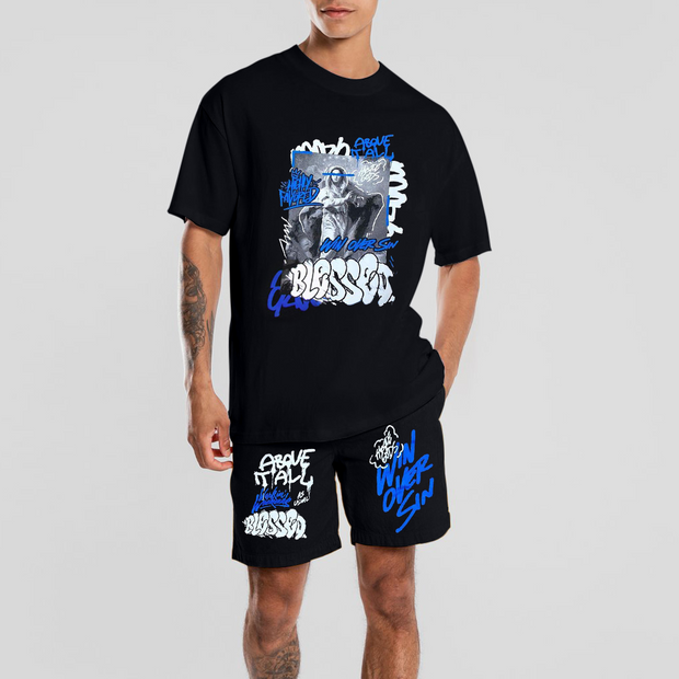 Street personality printed short-sleeved sports suit