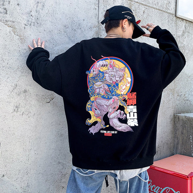 Street hip-hop men's national tide Japanese Harajuku style printing oversize crew neck sweatshirt male couple