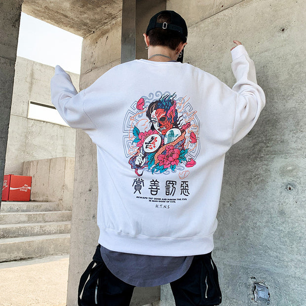 Street hip-hop men's national tide Japanese Harajuku style printing oversize crew neck sweatshirt male couple