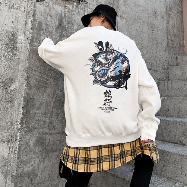 Street hip-hop men's national tide Japanese Harajuku style printing oversize crew neck sweatshirt male couple