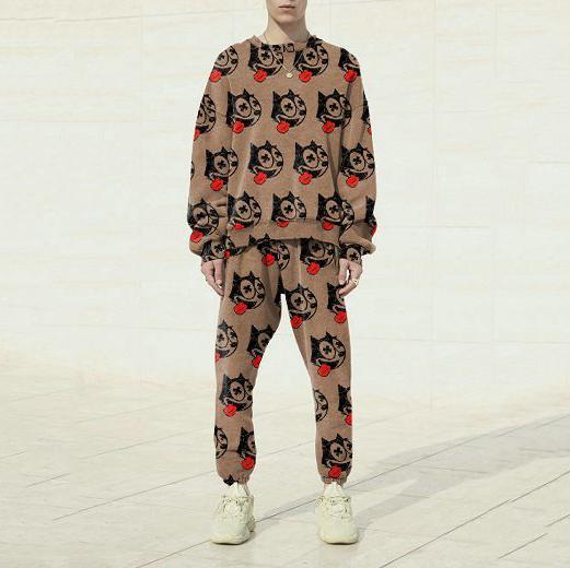 Cartoon Fashion Street Shooting Print Round Neck Sweatshirt and Pants Set