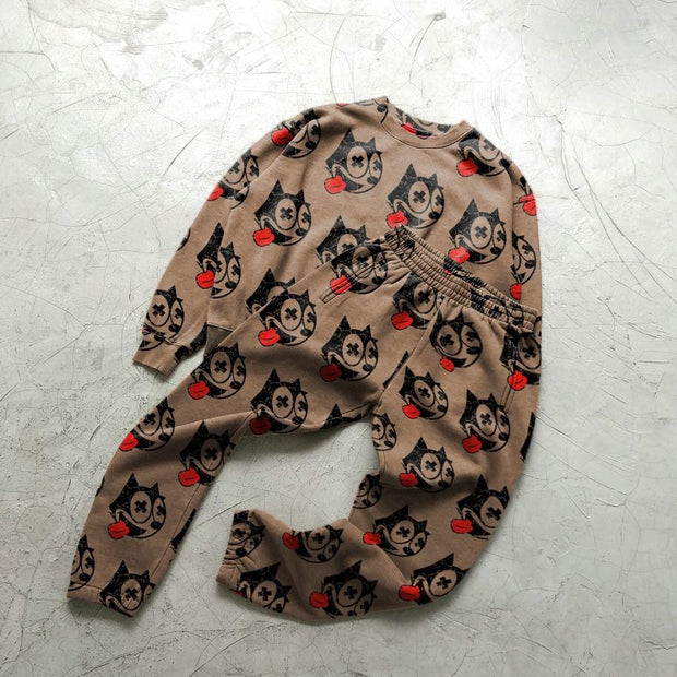 Cartoon Fashion Street Shooting Print Round Neck Sweatshirt and Pants Set