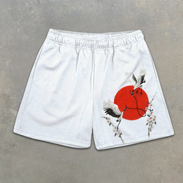 Sakura and Crane Graphic Print Elastic Shorts