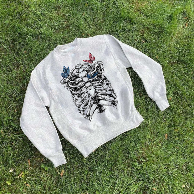 Skull bone butterfly street crew neck sweater