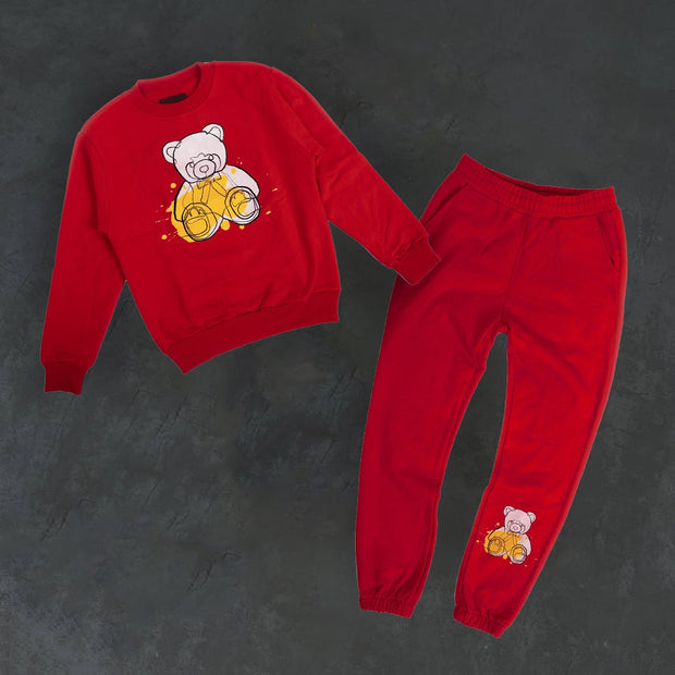 Street style bear print hoodless sweater casual pants suit