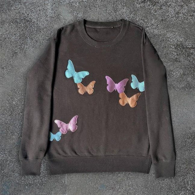 Fashion Butterfly Print Round Neck Long Sleeve Sweatshirt