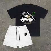 Thief Print Retro Trend Short Sleeve Shorts Set