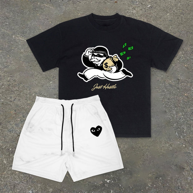 Thief Print Retro Trend Short Sleeve Shorts Set