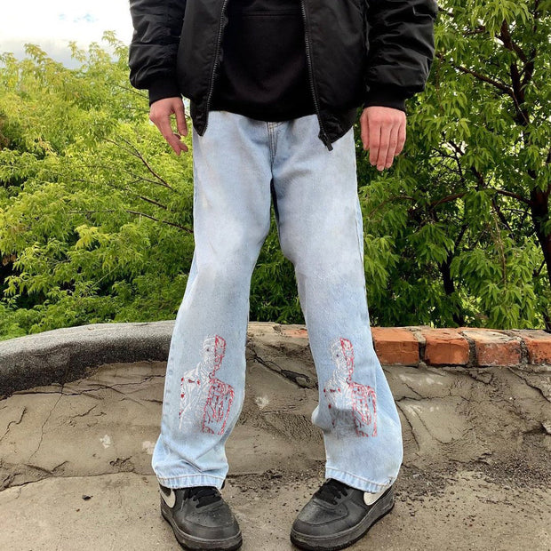 Fashion Casual Loose Straight Printed Denim Trousers