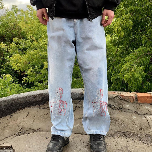 Fashion Casual Loose Straight Printed Denim Trousers