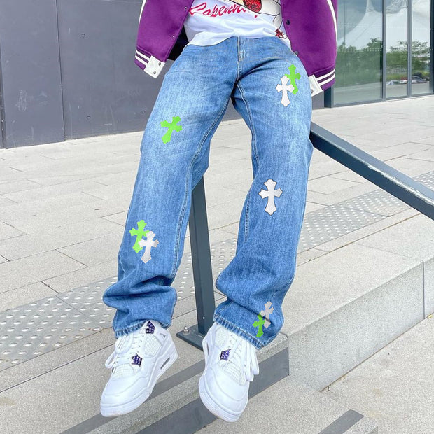 Casual Cross Print Denim Trousers