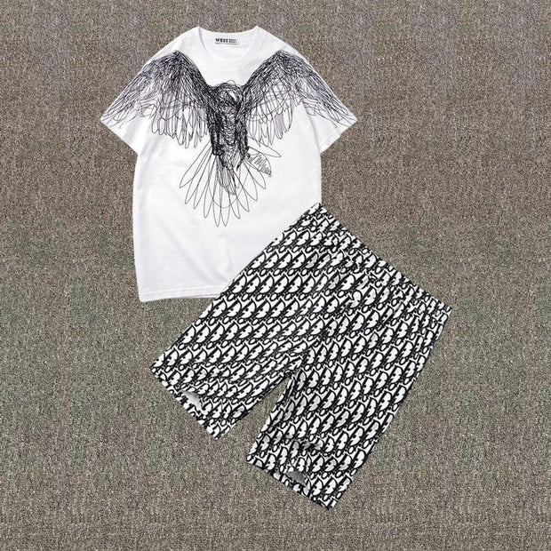 Time Street Casual Eagle Short Sleeve Five Point Shorts Two Piece Set