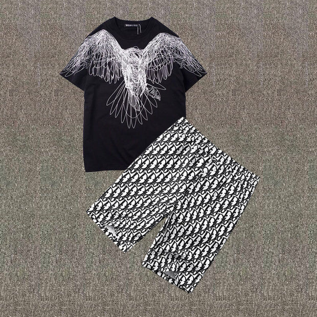 Time Street Casual Eagle Short Sleeve Five Point Shorts Two Piece Set