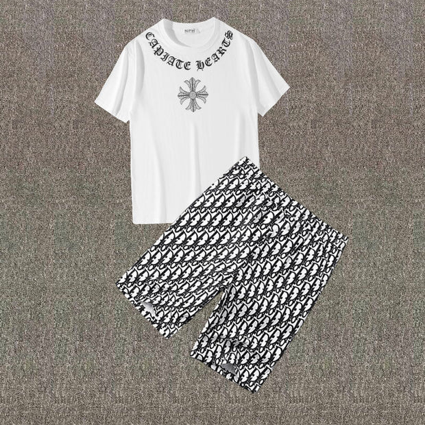 Time Street Casual Eagle Short Sleeve Five Point Shorts Two Piece Set