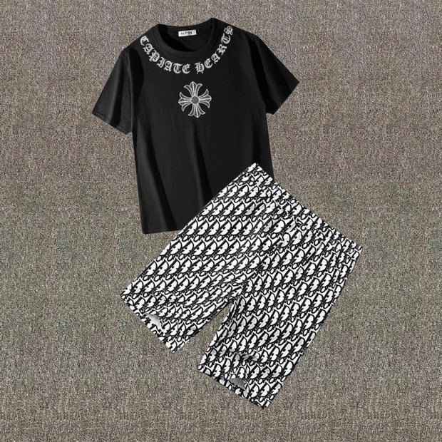 Time Street Casual Eagle Short Sleeve Five Point Shorts Two Piece Set