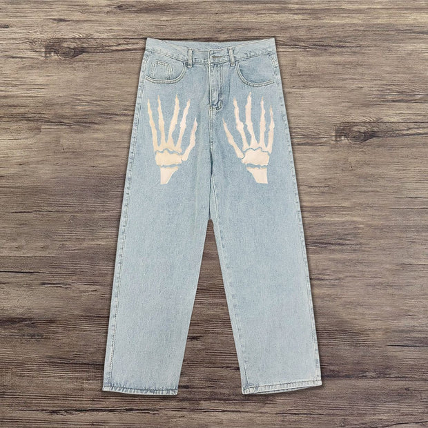 Casual retro skull hand jeans